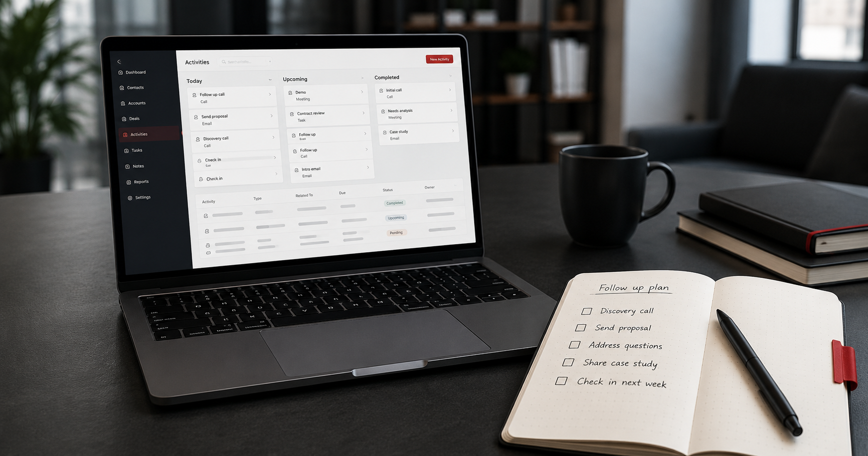 Laptop displaying CRM activities beside a notebook with a sales follow-up checklist.