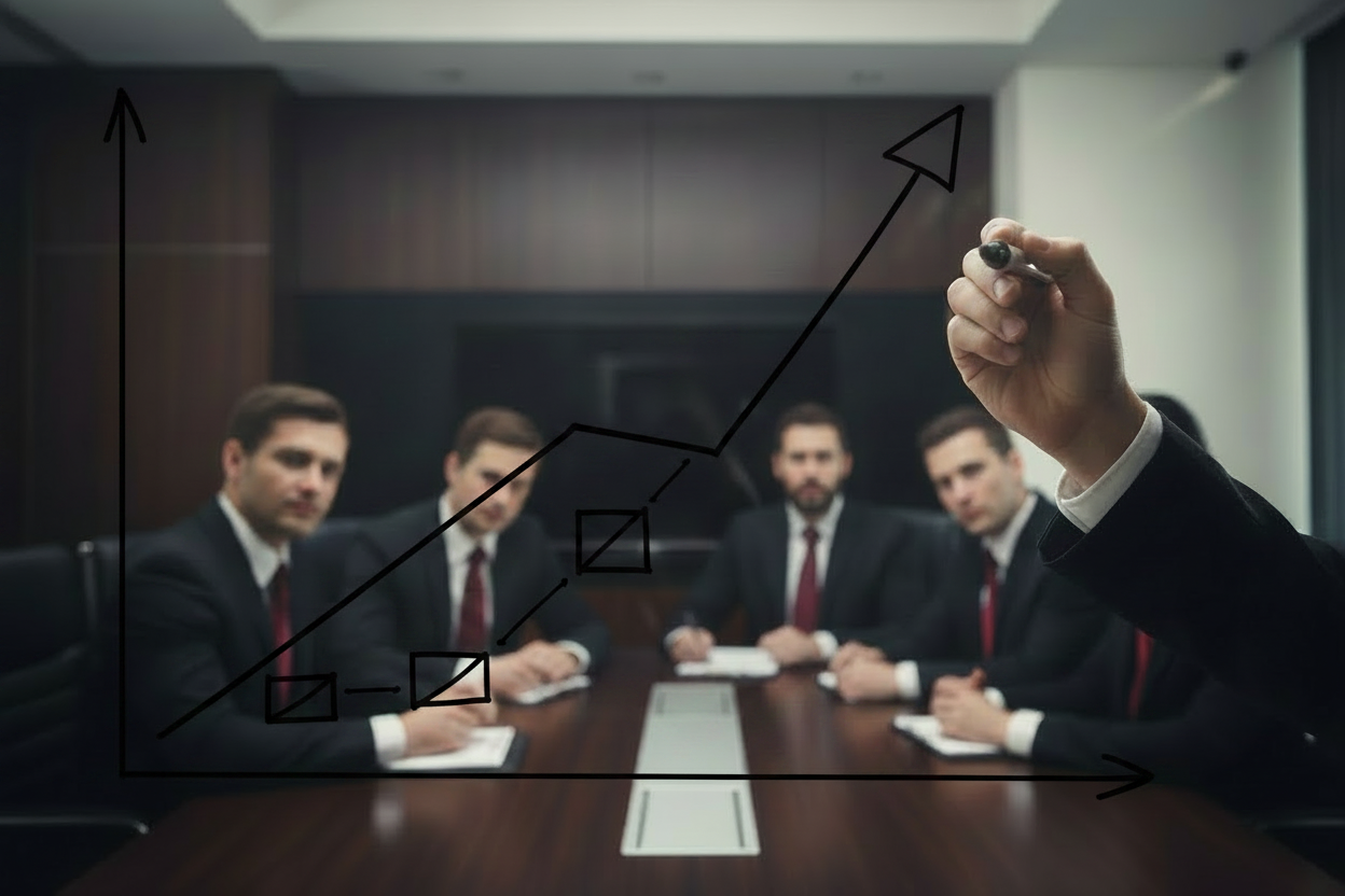 men watching revenue strategist explain problems