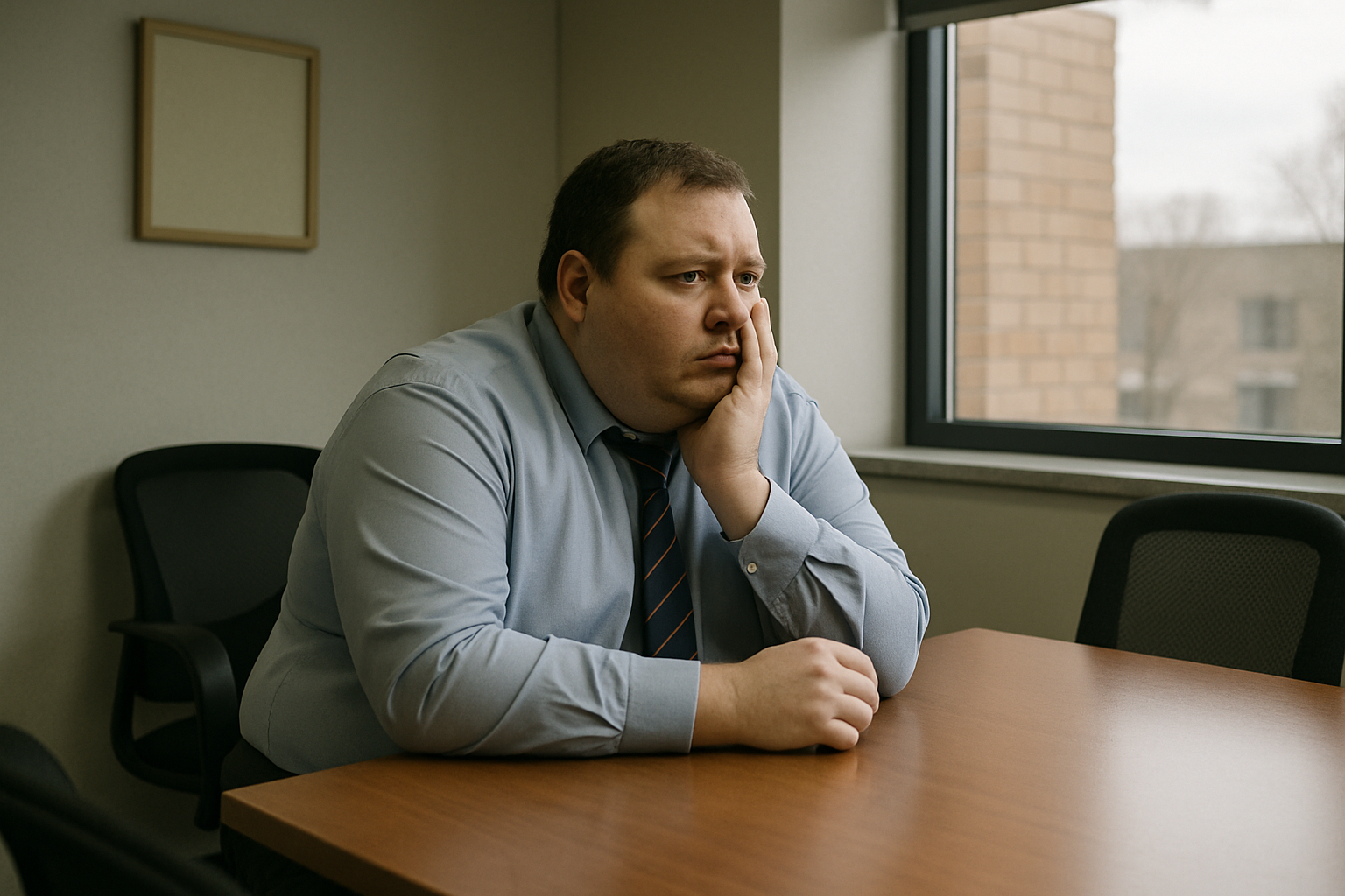 heavier set man in small board room looking stressed and looking out the window