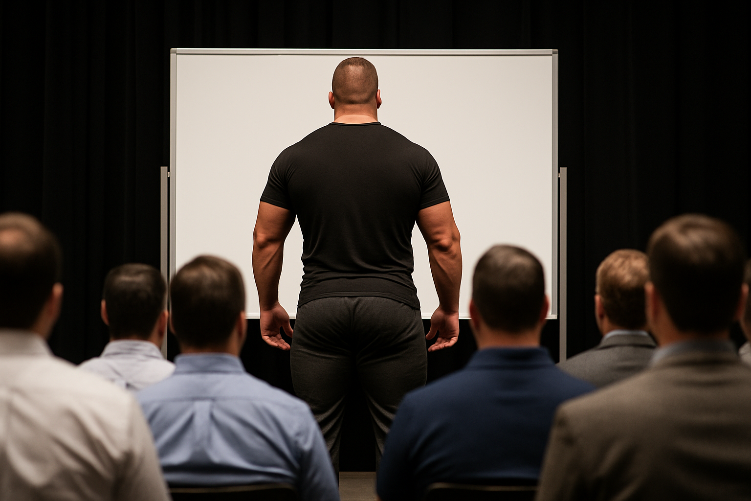 put the audience behind the man looking at the white board so you don't see any faces