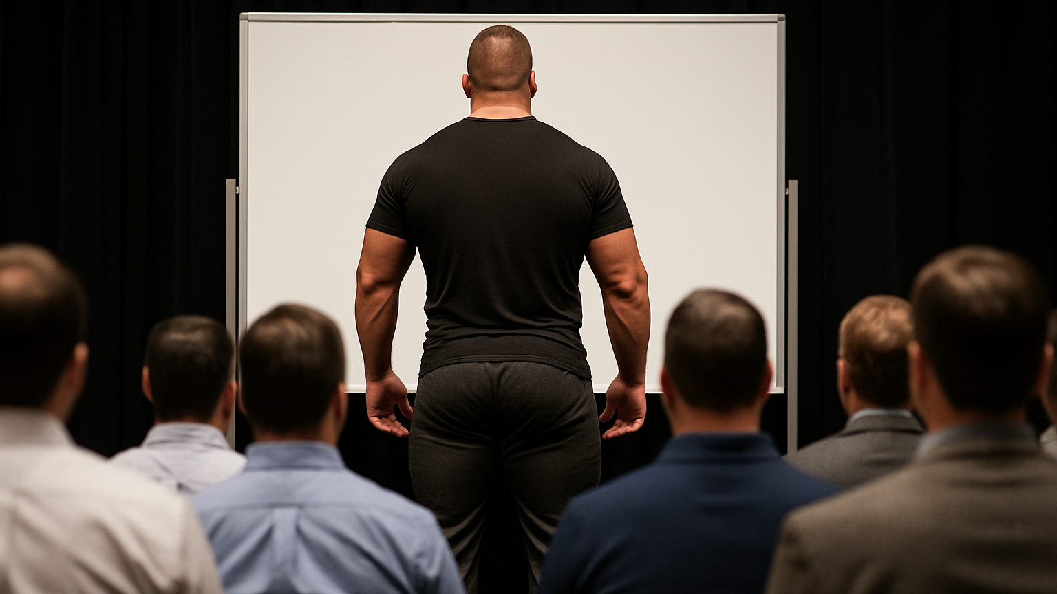 put the audience behind the man looking at the white board so you don't see any faces